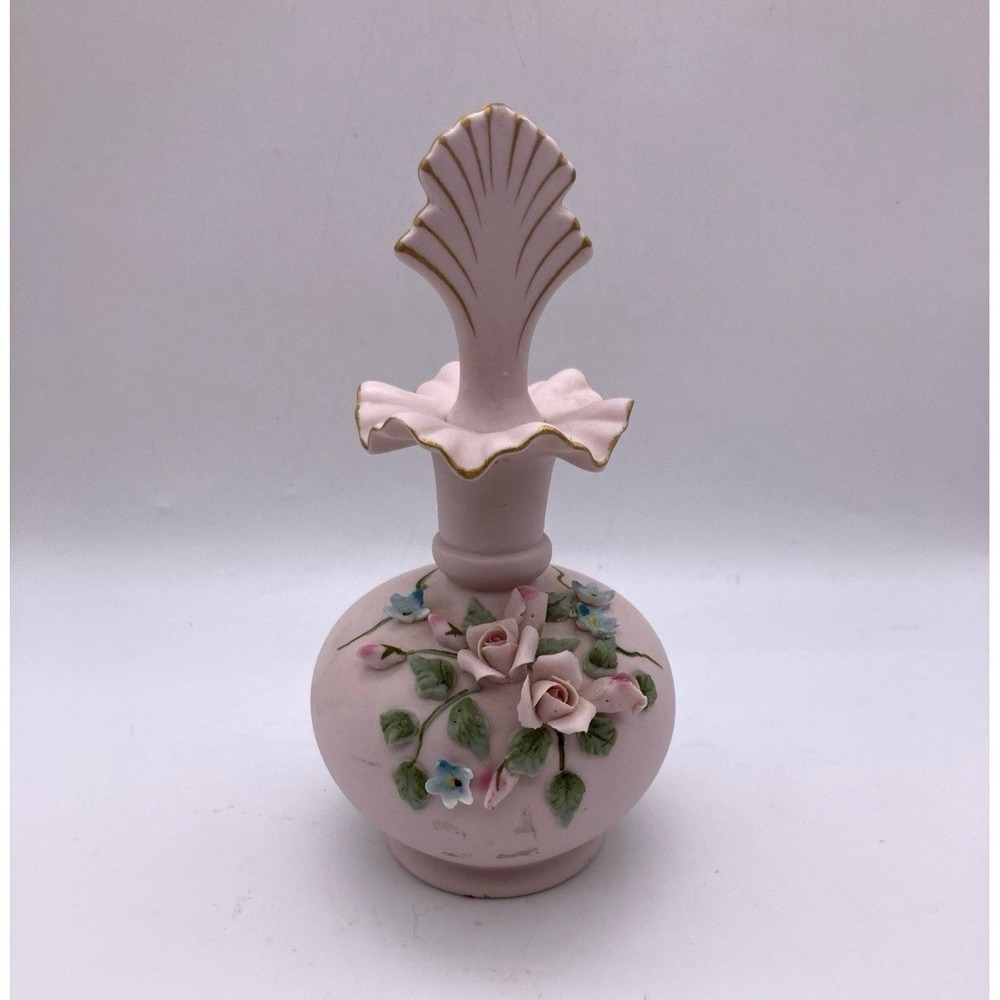 Vintage Lefton Pink Bisque Porcelain Perfume Bottle Applied Roses Gold Trim 1950